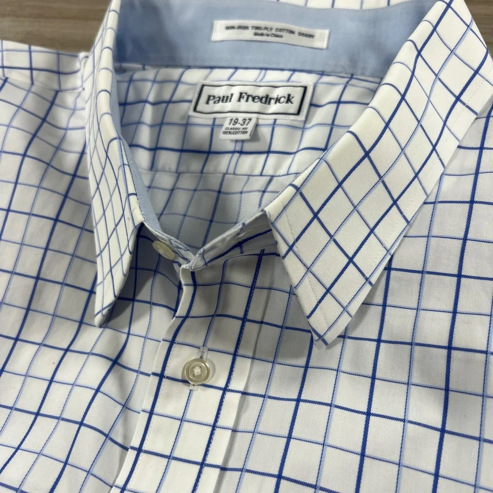Paul Fredrick Dress Shirt 19-37 Mens Classic Fit Blue White Graph Check Non-Iron